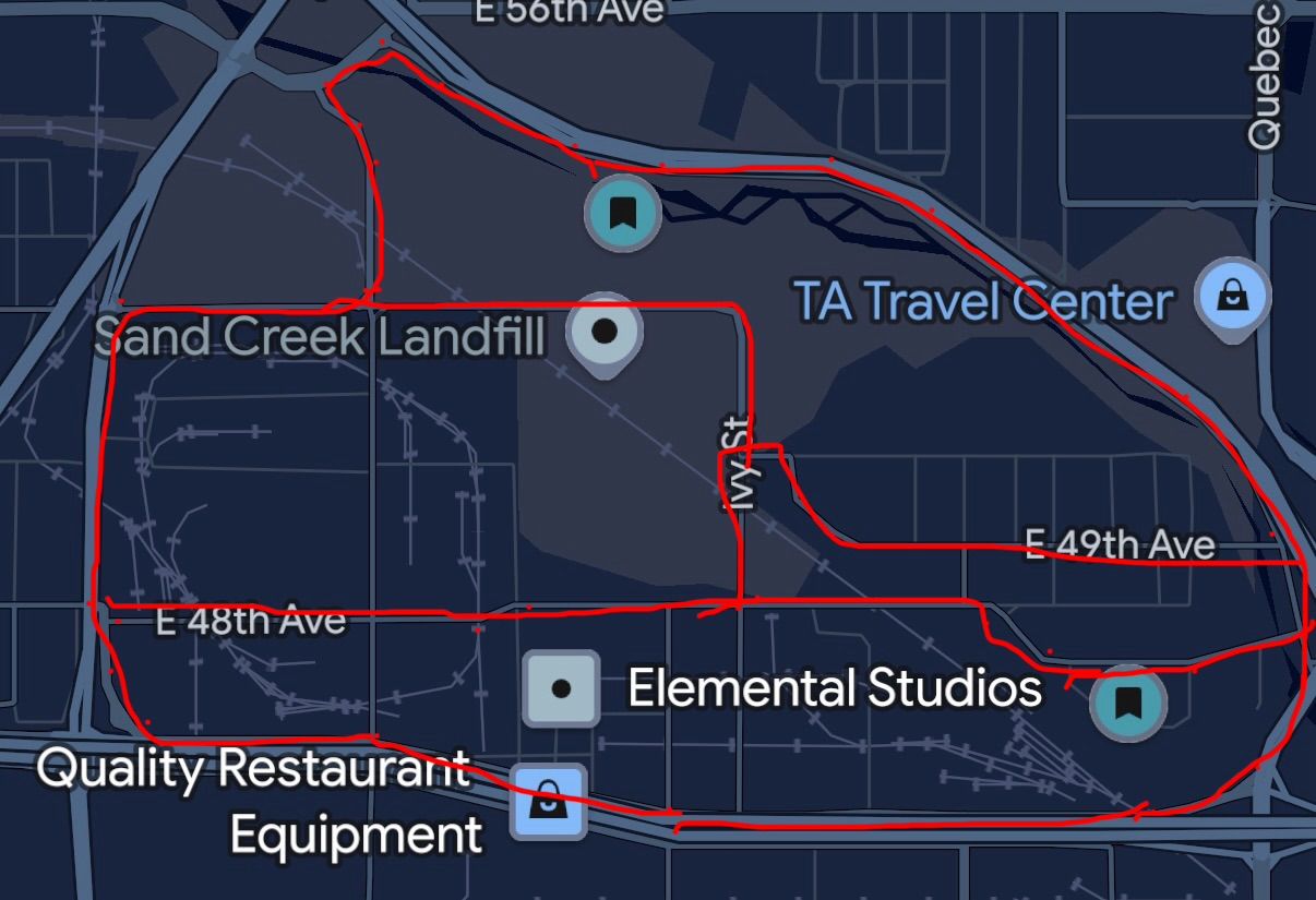 The first input to the track pipeline: a marked-up aerial of a street loop in Commerce City. The screenshot is a selection aid, not data.