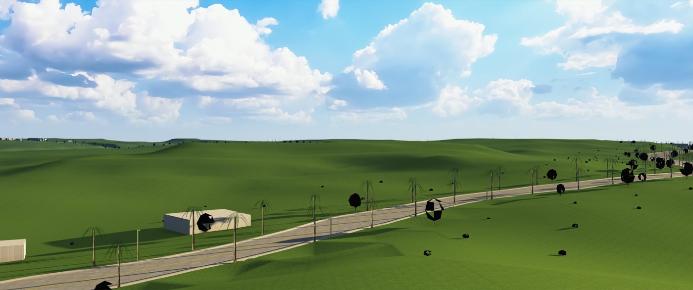 Lake Murray, the August build: real road and elevation, sketch-quality scenery.