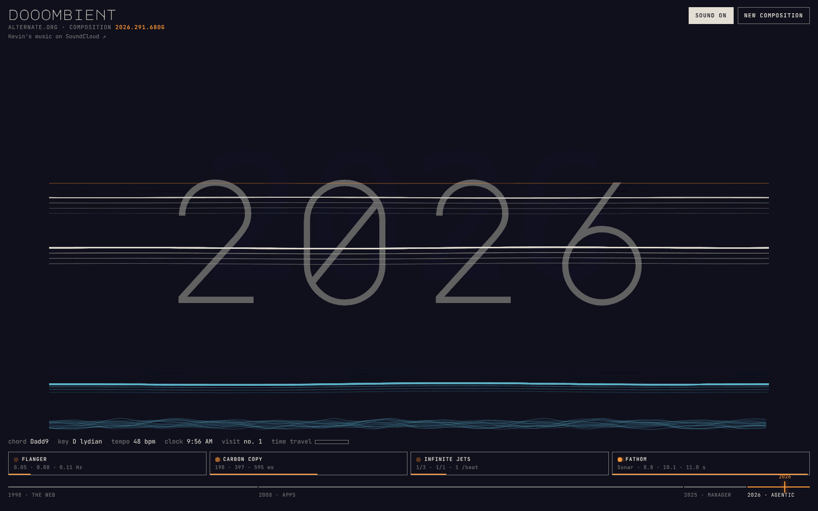 dooombient: the year 2026 behind the three boards' lines, the chord, key and tempo under them, four pedals along the bottom and the timeline below.